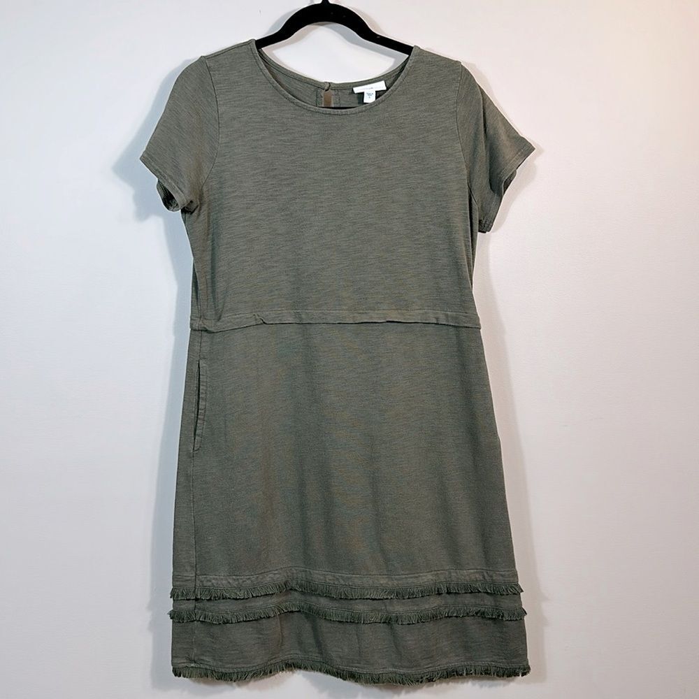 J Jill Women Fringe Cotton Dress Green Shortsleeve Summer Pockets Size Small